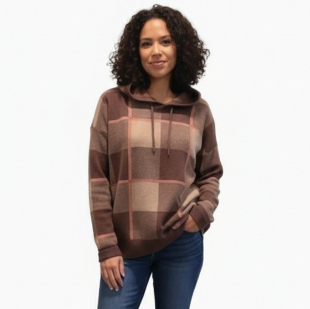 Rachel Roy Brown Plaid Hoodie Pullover Sweater Size XL